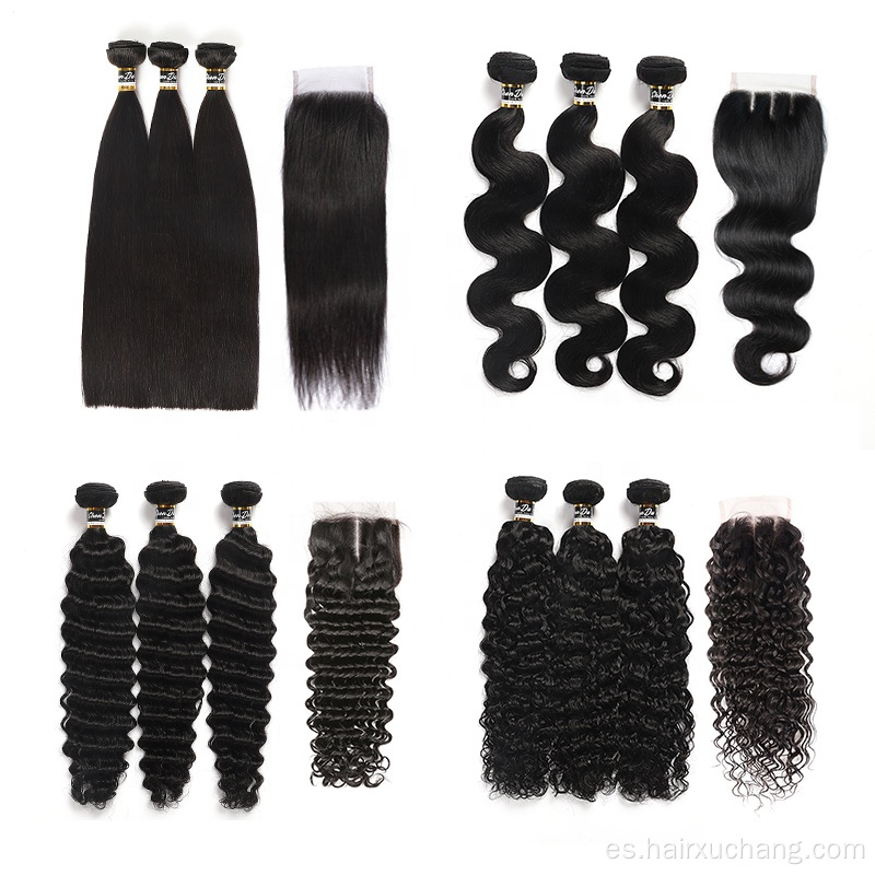 Mala de trama de cabello 100% humano al por mayor con cierre Brasil Remy Hair Extension Cutícula Virgin Curly Bundles de cabello recto rizado