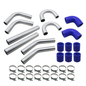 76mm Turbo Intercooler Pipe Kit - AUSO 3.0 Chrome Aluminum with T-Clamps and Blue Silicone Hoses