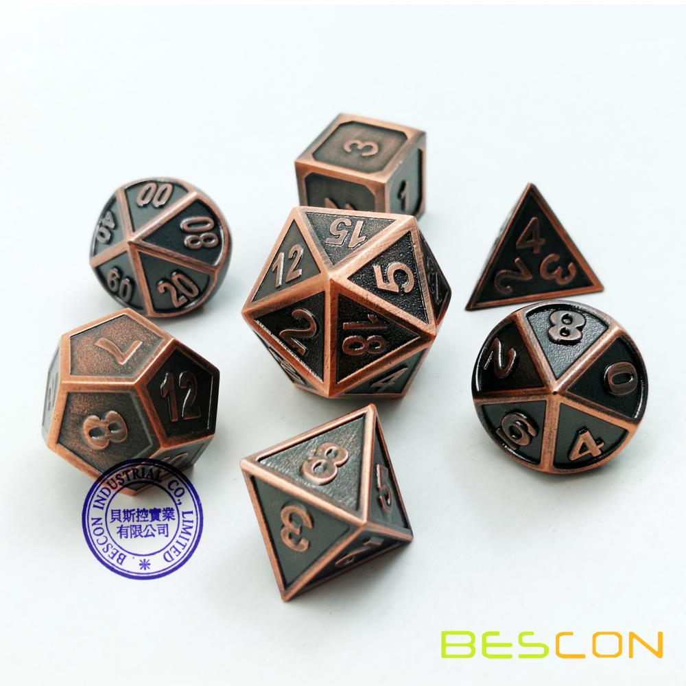 Bescon 10pc Set Antique Copper Solid Metal Polyhedral D&D Dice Set 7+3 Extra D6s 