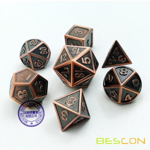 Bescon New Style Copper Solid Metal Polyhedral D&D Dice Set of 7 Copper Metallic RPG Role Playing Game Dice 7pcs Set D4-D20