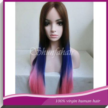 Colorful wig,28 inch three color monofilament cap wig,T color human hair mono top wig