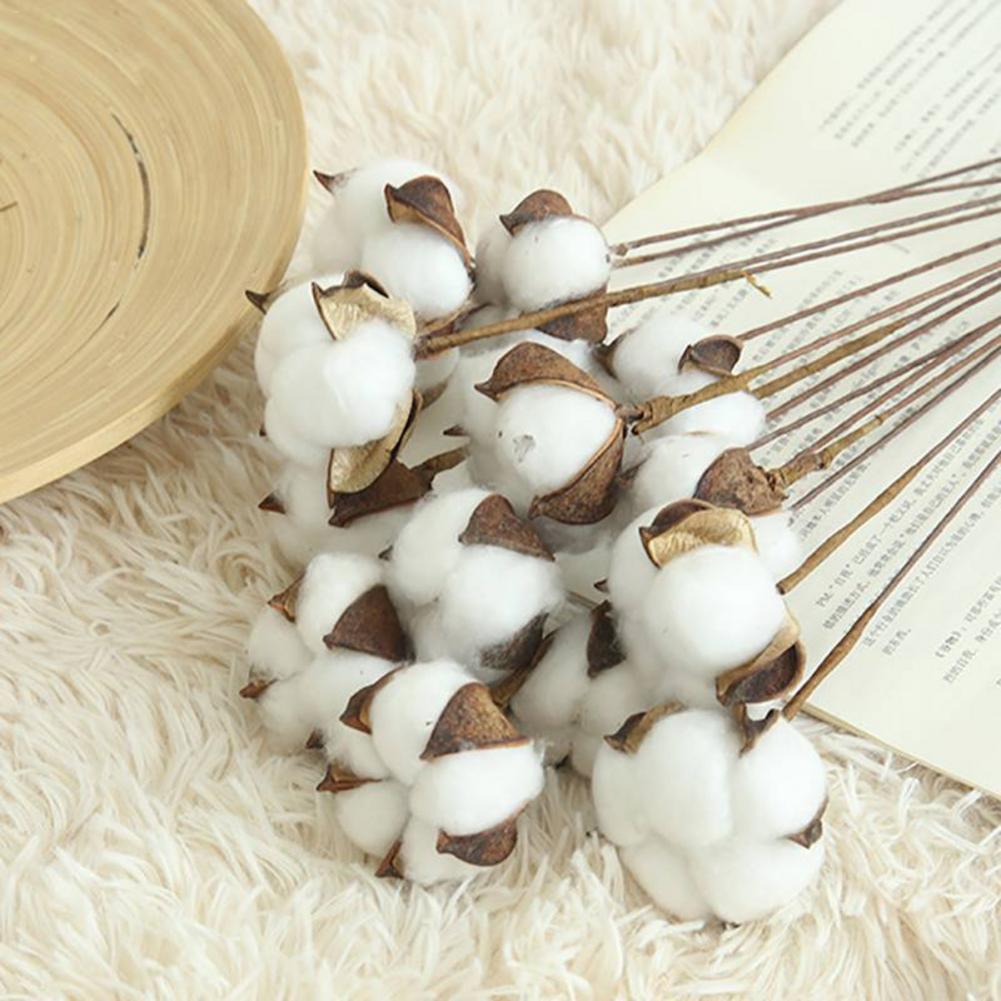 10Pcs Naturally Dried Cotton Flower Artificial Plants Floral Short Branch For Wedding Party Decoration Fake Flowers Home Decor