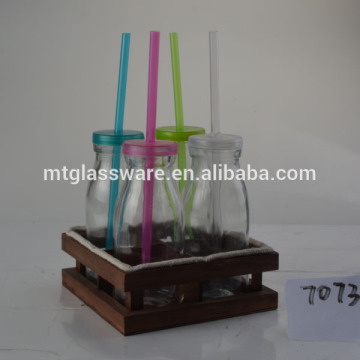 250ml milk bottle juice bottle with color lid and color straw with wooden stand