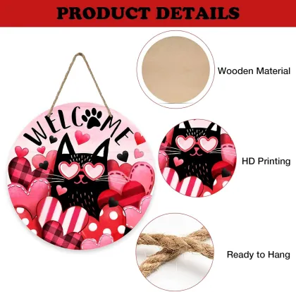 Valentine Black Cat Wooden Welcome Sign