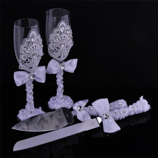 Champagne Flutes with Silk Bow Tie and Lace Trim for Weddings and Anniversaries