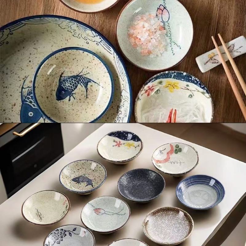 Classic Asian Bowls and Plates with Fish and Flower Motifs