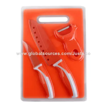 Red plastic hand forged knife with cutting board holder