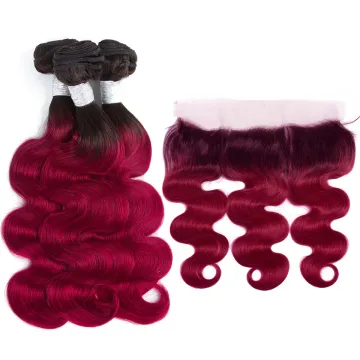 1B/Burgundy Ombre Body Wave Bundles With Frontal Closure 2 Tone Non Remy Brazilian Hair Weave Colored 3 Bundles With Frontal