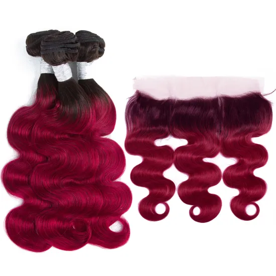 1B/Burgundy Ombre Body Wave Bundles With Frontal Closure 2 Tone Non Remy Brazilian Hair Weave Colored 3 Bundles With Frontal