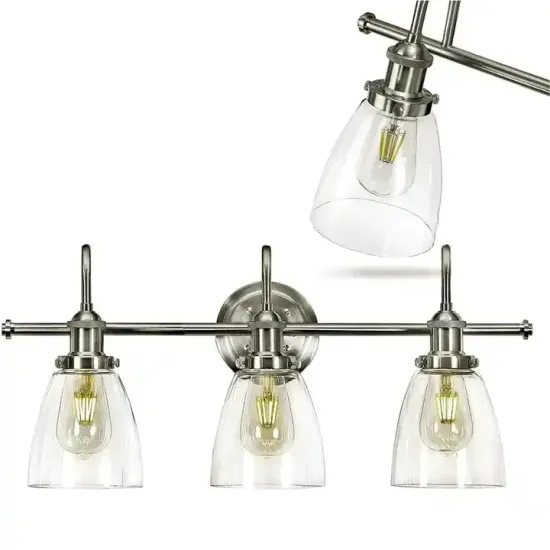 Bathroom Vanity Lighting Fixtures with Brushed Stainless Glass Shades - 3 Lamp Bulbs, Nickel