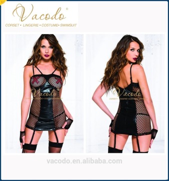 custom see-through PU black sexy lingerie babydoll for women