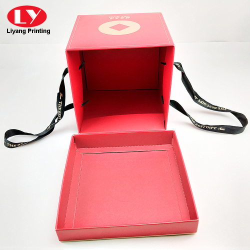 Foldable Paper Handle Gift Box With Grosgrain Ribbon