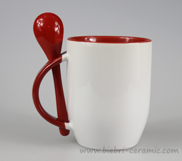 12oz Red And White Two Tone Color Glazed Logo Decal Custom Ceramic Coffe Coffee Mug With Spoon
