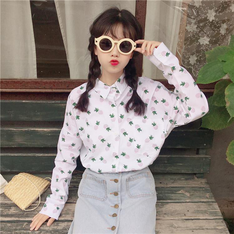 Korean Version Small Fresh Pineapple Print Blouse Shirts Women Spring Summer Top For Women Fashion Buttons Long Sleeve Top Women