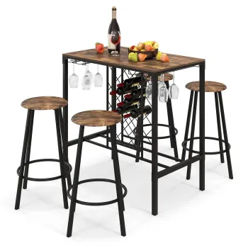 Rustic Brown 5-Piece Dining Table and Bar Stool Set: MDF Wood and Metal Frame for Home Kitchen
