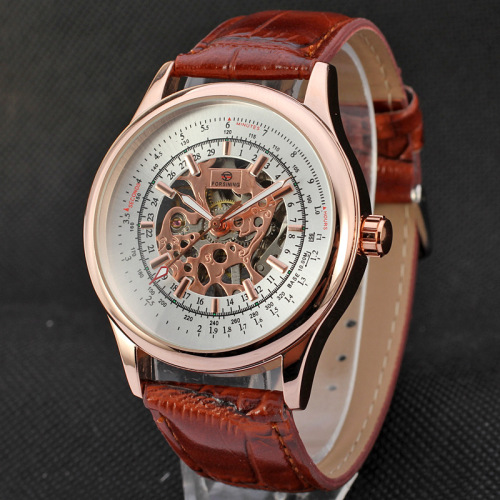 Automatic leather strap skeleton mens sport watches