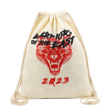 Eco-Friendly Custom Logo Cotton Canvas Drawstring Backpack for School Sports and Gym - Full Color