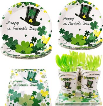 St. Patrick's Day Dinnerware Set for 16 - Includes Plates, Napkins, Cups, Cutlery