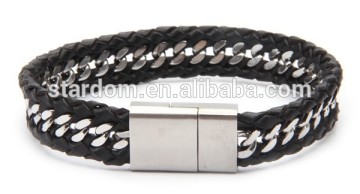 Flat Thin Interwoven Curb Chain Leather Magnet Clasp Bracelet for Men