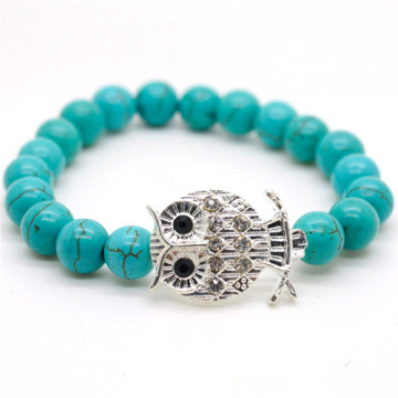 Turquoise 8MM Round Beads Stretch Gemstone Bracelet with Diamante alloy Owl Piece