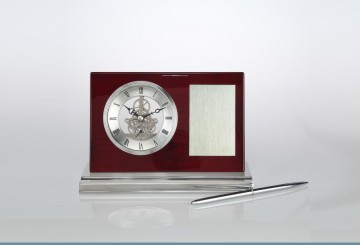 Unique desk clock with pen holder and logo laser metal plate