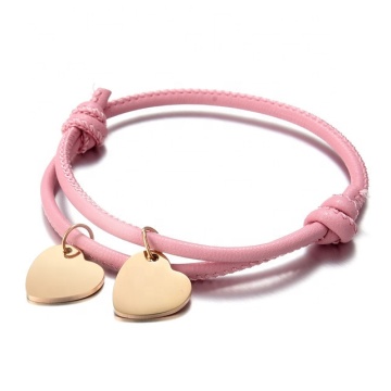 Iywu Aceon Velle Stainless Steel Soft Real Sewn Sheepskin Cord Pink Leather Rope Adjustable Knot Two Mini Heart Name Charm Bracelet