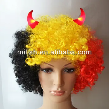 Promotion Belgian flag football fans afro wig with Led Flashing Horns FBW-0181