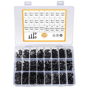1225pcs M2M3M4M5 Black Round Head Hex Socket Screws Set with Nuts and Flat Washers