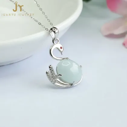 Wholesale Natural Stone Swans 925 Silver Pendant Jewelry Myanmar Jadeite Pendant Necklace