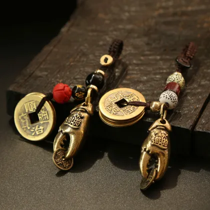 Handmade Vintage Brass Crab Keyring with Five Emperors Coins Feng Shui Lanyard Pendant