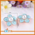 Mode blauwe emaille bloem Stud Earring met Pearl