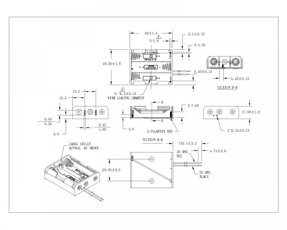 BBA-5-3-B-152-465 3 ชิ้นที่ยึดแบตเตอรี่ AA ที่มีสายไฟ