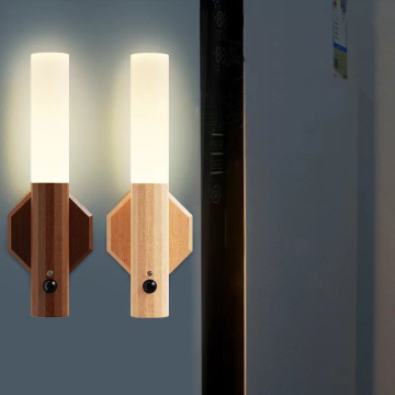 Wireless Magnetic Rechargeable Smart Wood Sensor Wall Lamp for Bedroom