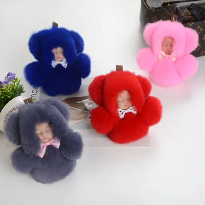 New sleeping baby keychain Real Fur Pom Pom Key Chain Women Trinket Car Key Ring Keychain Jewelry Gift fluffy keychain on bag