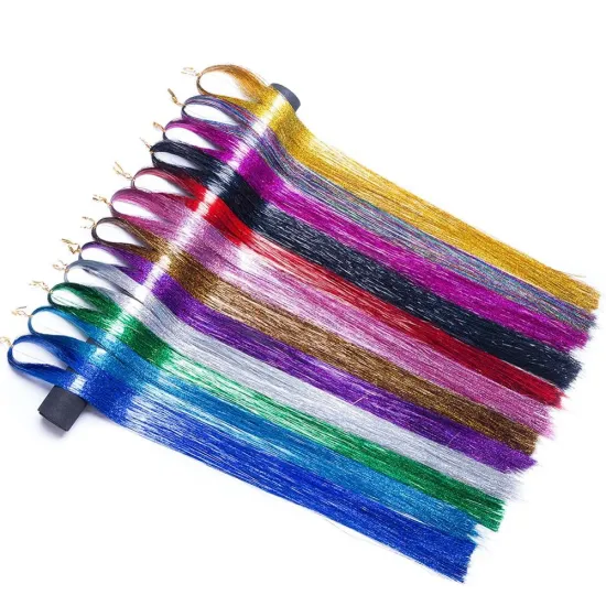 Hair Tinsel Glitter 120cm 48inch laser Synthetic Hair Extension Glitter Rainbow For Girls And Party
