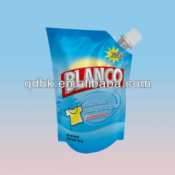 Laundry detergent plastic packaging bag with spout