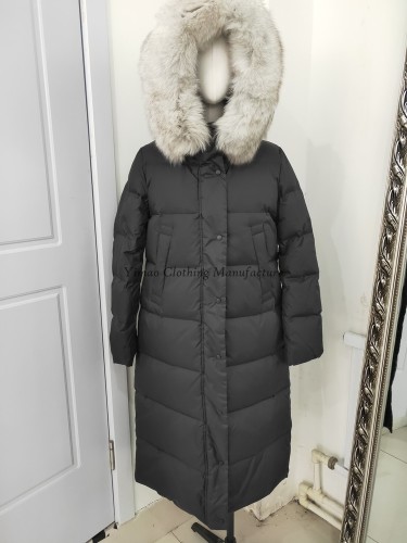 Lady black long down coat with hood