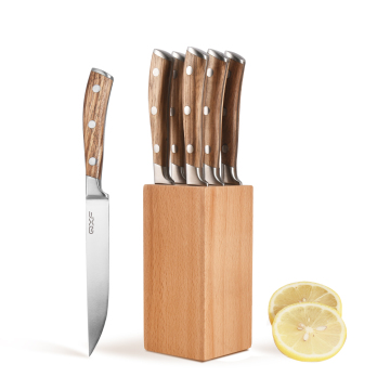 Zebra Wood Handle Steak Knife Set with German Steel and Beech Wood Holder