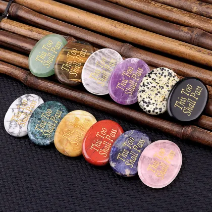35X45MM Oval Engraved Inspirational Words(This too Shall Pass) Reiki Healing Crystal Carved Inspirational Word Worry Stone