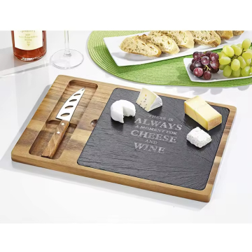 Creative Black Slate Pizza Plate with Acacia Wood - 23.5x15cm Serving Tray for Japanese and Western Cuisine