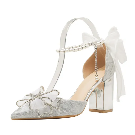 Large Size 43 High Heel Wedding Shoes: Women's Stylish Thick Heels, Silver Hollow Out Sandals for Summer, Pointed Bride and Bridesmaid Shoes