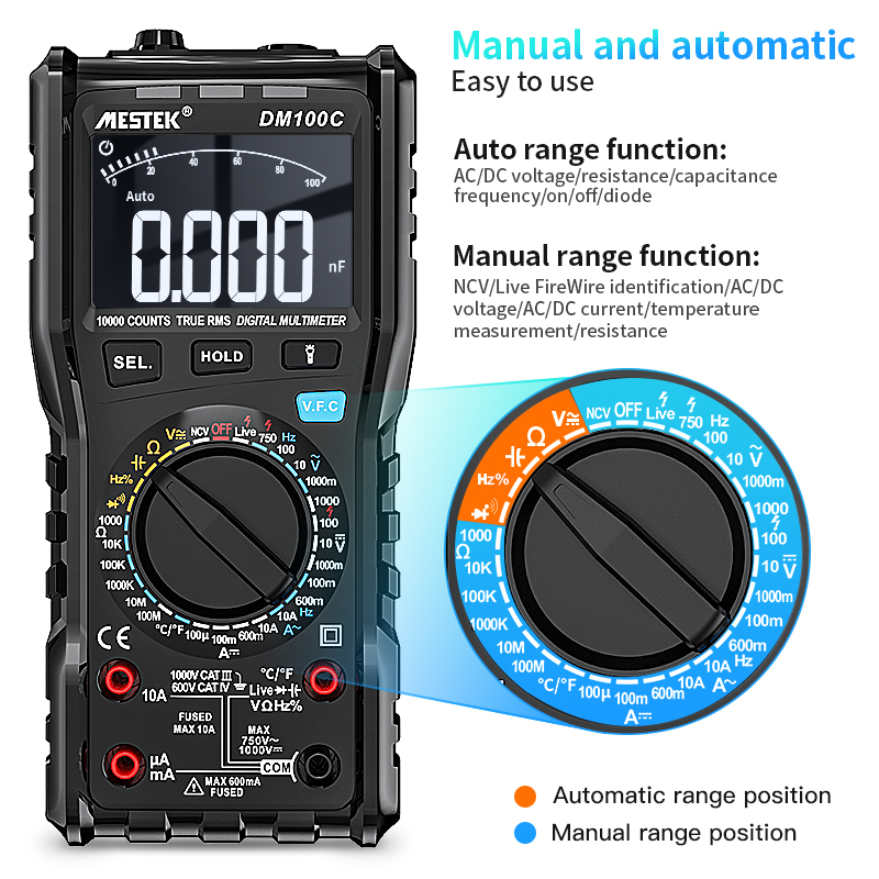 MESTEK Multifunctional Digital 10000 Counts RMS Multimeter NCV Live Line Tester Voltage Current Resistance Capacitance Tester