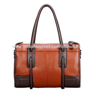 Classic Brown Genuine Leather Handbags with Contrast Pattern, Suitable for Office Ladies