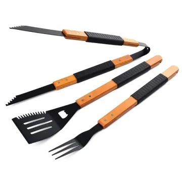 Portable BBQ Tools: Stainless Steel Barbecue Set with Wooden Handle for Outdoor Cooking
