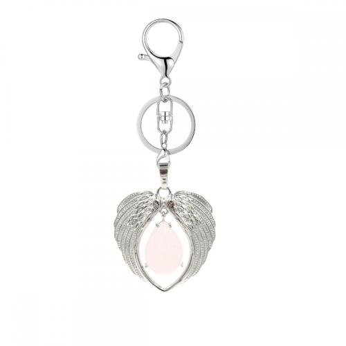 Gemstone Silver Alloy Wing Teardrop Keychain Gemstone Pendant Heart Shape Key Ring for Men Women Anniversary Gift