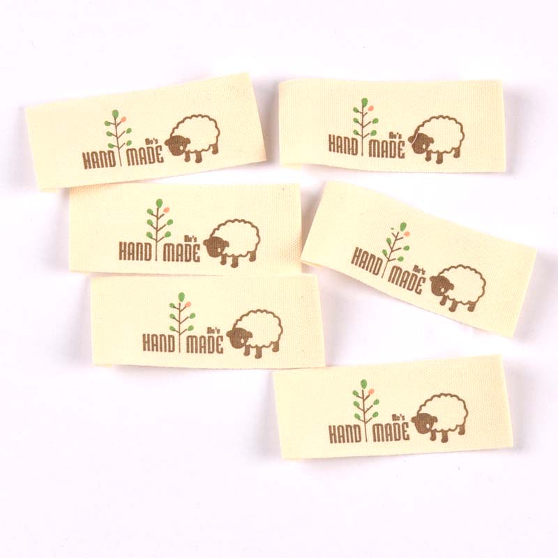 mixed 50pcs Handmade printed Beige cotton Woven Label For Clothing Care Labels Cartoon Shoes Bags Washable Garment Tags