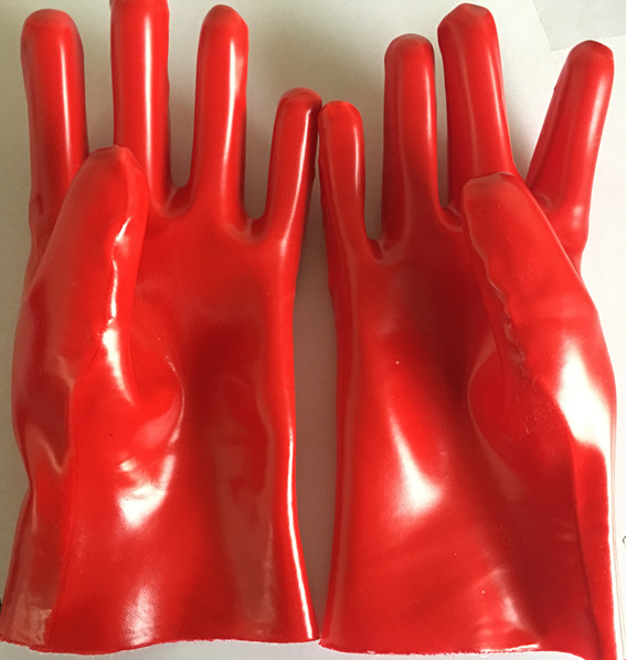 Red PVC gloves smooth finish interlock liner 11"