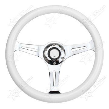 14 Inch 350mm Universal Silver Chrome White Vintage Wood Grain Steering Wheel