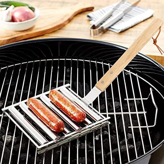Sausage roller grill Hot dog roller for BBQ grill Stainless steel sausage roller rack grill with Extra long wood handle