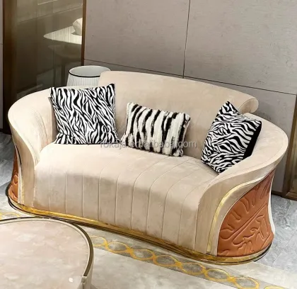 Gold Stainless Steel Italian Designer Velvet Sofa for Large Villa Mansion